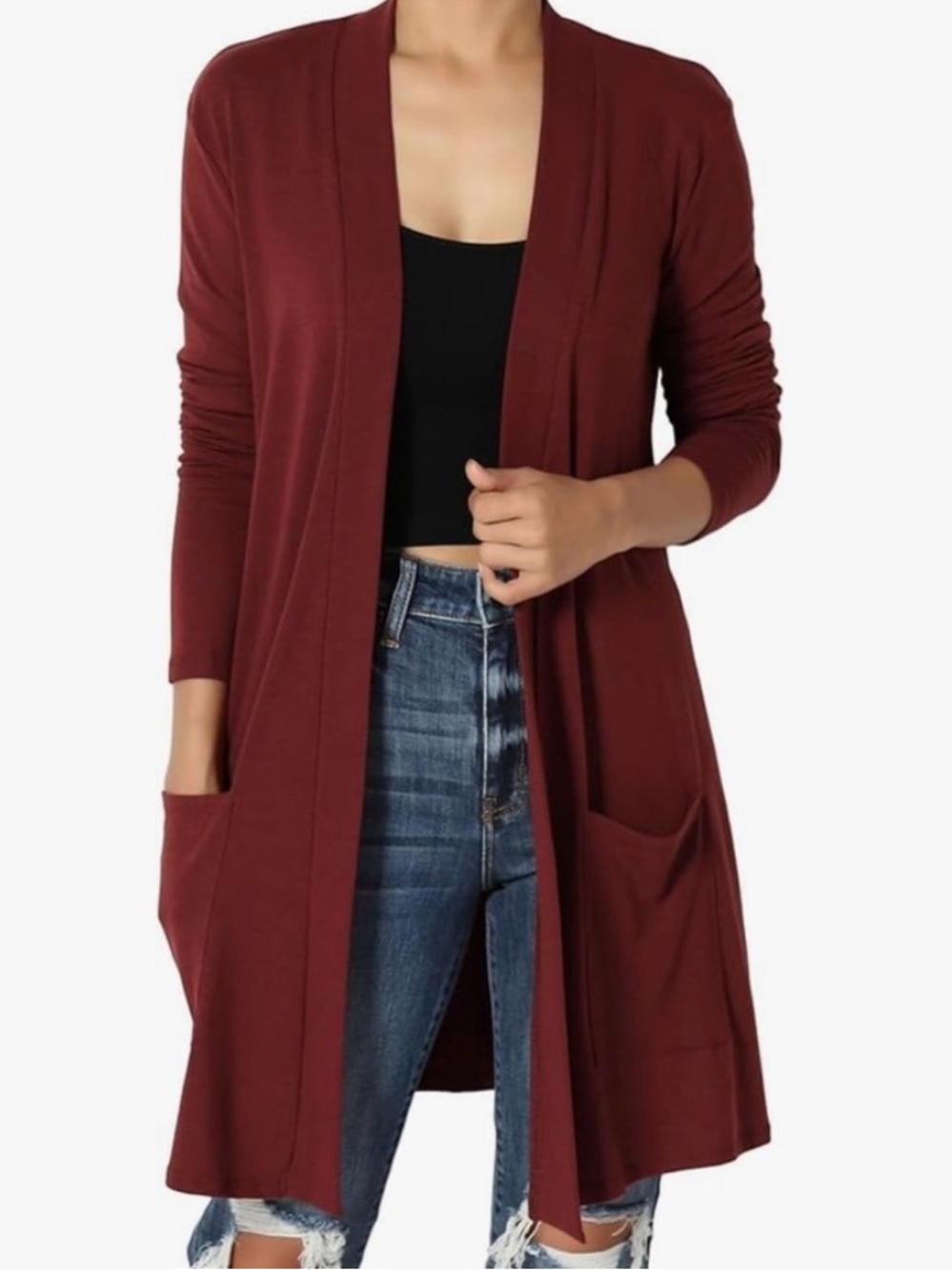 🟠NWT ZENANA Slouchy Pocket Long Sleeve Cardigan in Dark Rust